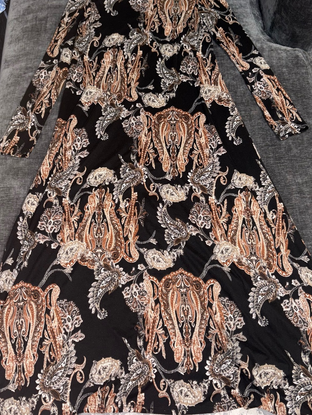 Black Paisley-Pattern Long Sleeve High-Low Dress